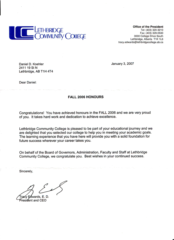 Fall 2006 Honours Letter