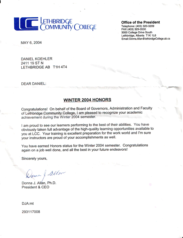 Winter 2004 Honours Letter - CNT