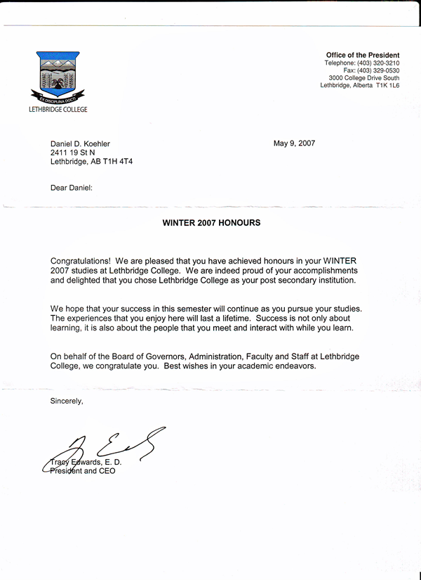 Winter 2007 Honours Letter